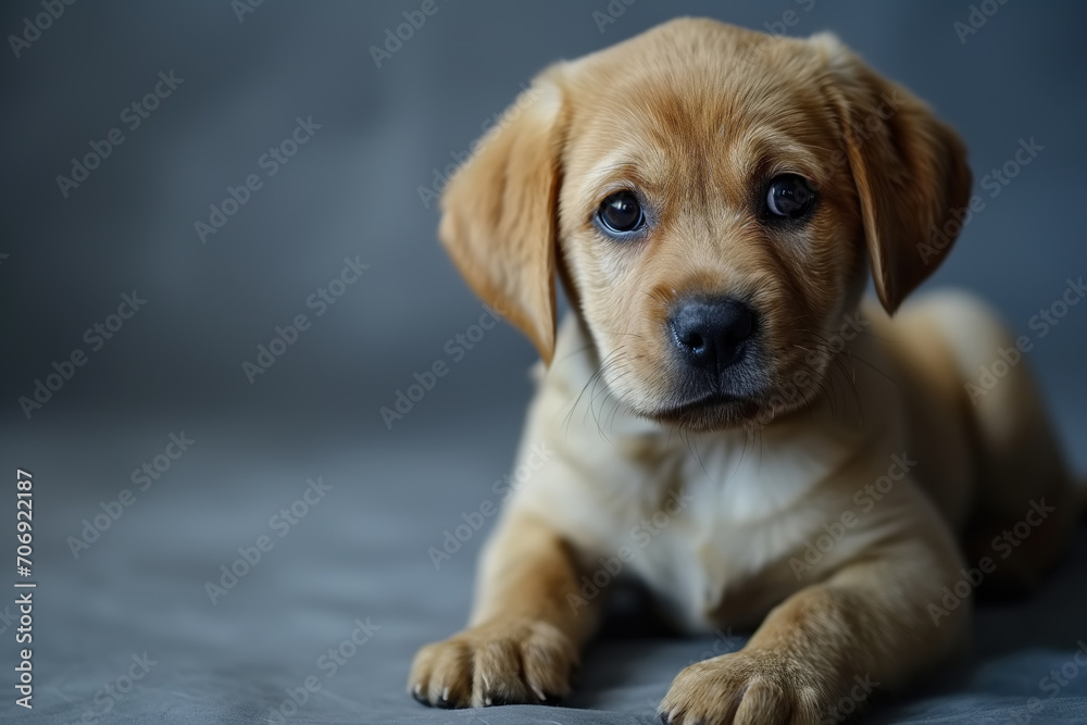 Cute puppy banner with copy space. Small pet dog lying on floor and looking away Cute puppy banner with copy space. Small pet dog lying on floor and looking away
