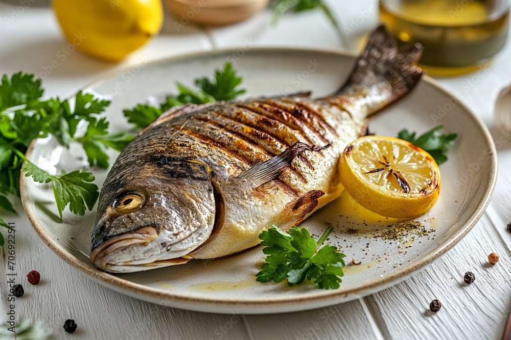 Grilled dorado with lemon on a white plate on a white wooden kitchen table. Mediterranean cuisine Grilled dorado with lemon on a white plate on a white wooden kitchen table. Mediterranean cuisine