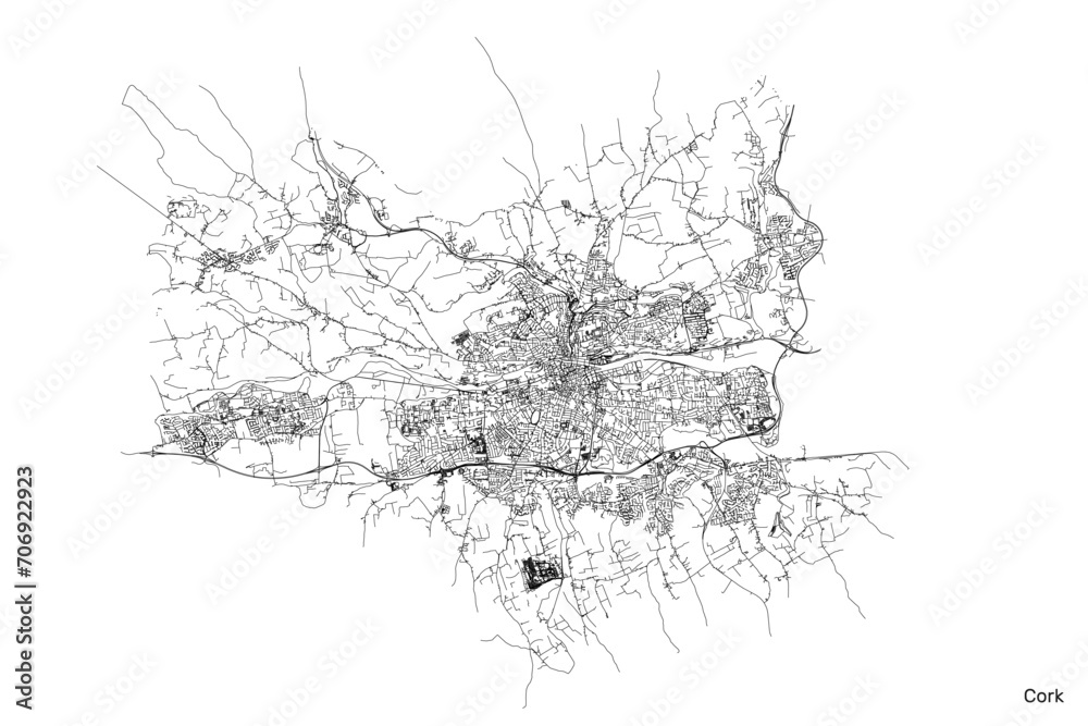 Cork city map with roads and streets, Ireland. Vector outline