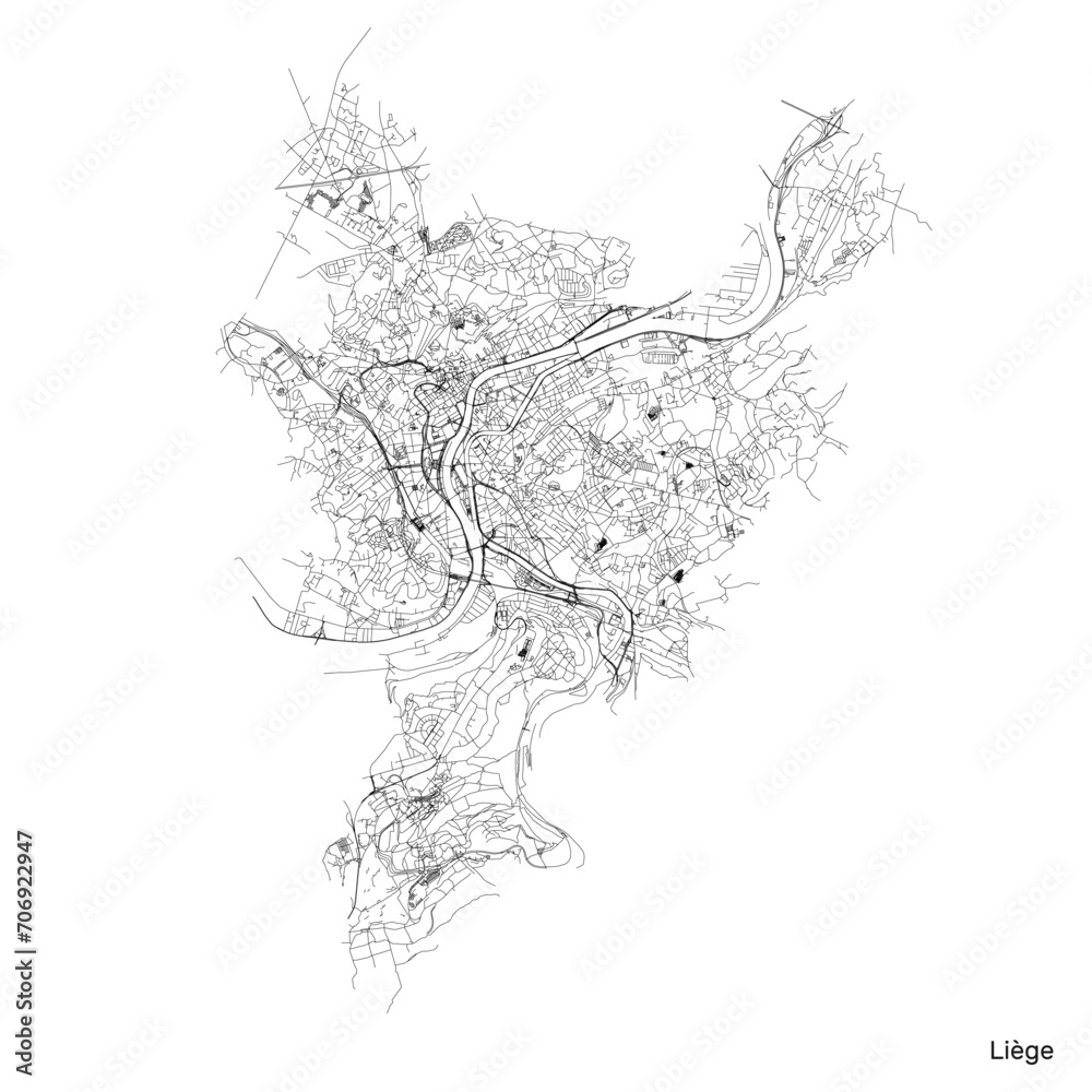 Liege city map with roads and streets, Belgium. Vector outline illustration.