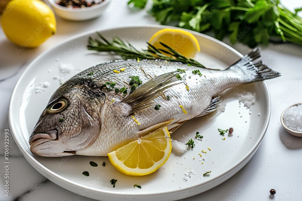 Dorado, lemon and salt on a white plate on a white marble kitchen table. Mediterranean cuisine Dorado, lemon and salt on a white plate on a white marble kitchen table. Mediterranean cuisine