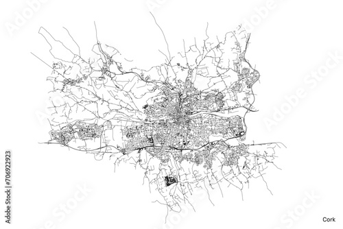Cork city map with roads and streets, Ireland. Vector outline illustration.