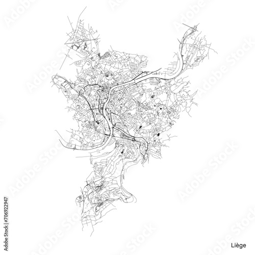 Liege city map with roads and streets, Belgium. Vector outline illustration.