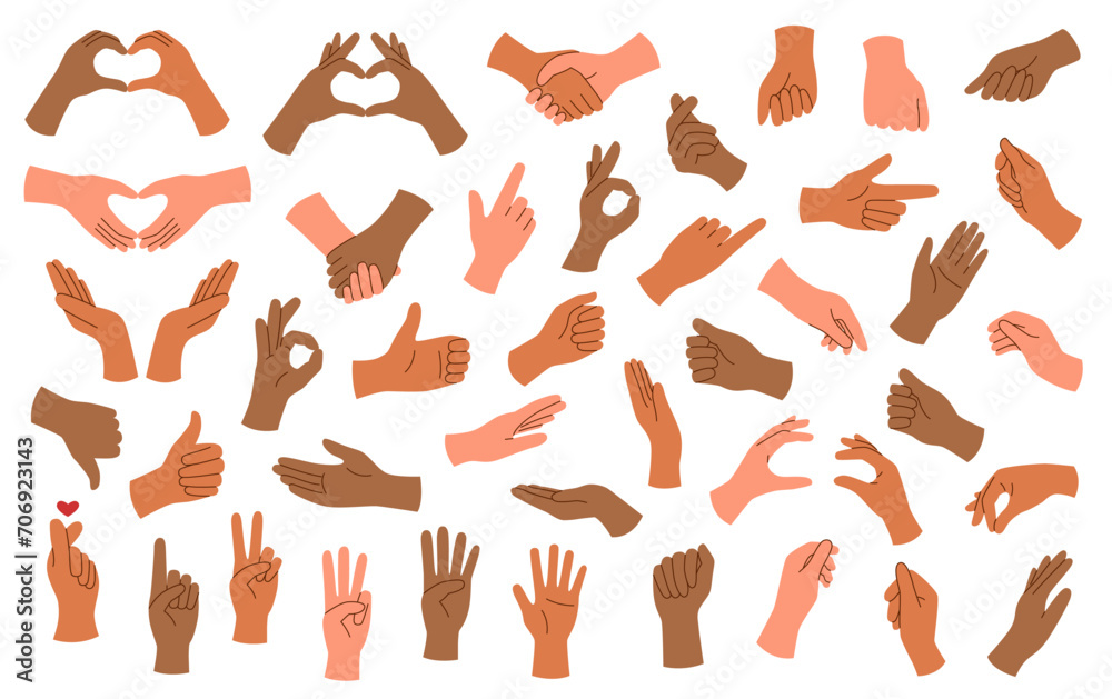 Set of hands of different skin tone with gestures isolated on white background.	 - obrazy, fototapety, plakaty 