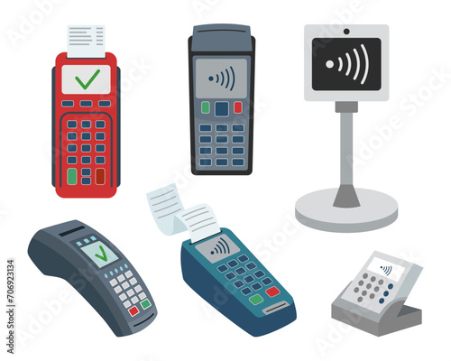 Set of payment machines, payment terminals, payment devices isolated on white background.