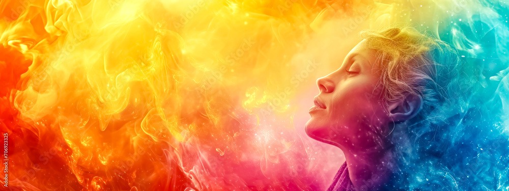 woman's face, serene and contemplative, emerging from a vibrant backdrop of swirling colors that transition from warm oranges to cool blues, inner peace and the spectrum of human emotion.