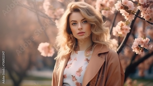 Portrait of a cute young woman near blooming spring trees.