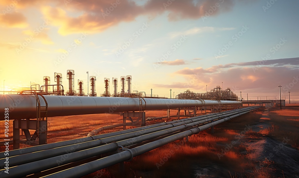 Fototapeta premium Industrial zone, Steel pipelines and valves against blue sky background.