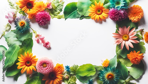 frischer Rahmen aus bunten Blumen Blüten Blätter des Frühling Sommer voller Kraft Farbe als Dekoration Hintergründe Vorlagen sommerlich leichte Gefühle florale Grußkarte Papier freier Raum im Zentrum photo