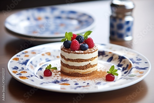 tiramisu topped with berries on a ceramic plate