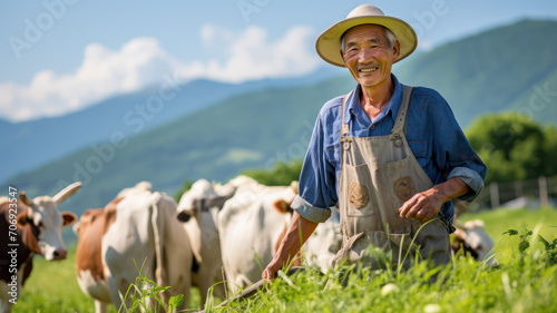 牧場で作業をする笑顔の農夫、日本の農業風景,An old Japanese man, a farmer, a smiling old man who keeps a cow.Generative AI photo