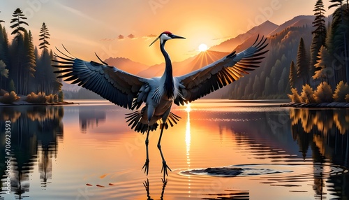 photorealistic of crane bird flying over beautiful lake at sunrise  Generative AI