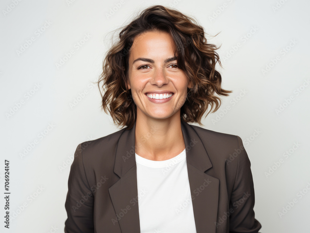 Closeup photo portrait of an european woman smiling. Isolated on gray background. Closeup photo portrait of an european woman smiling. Isolated on gray background.