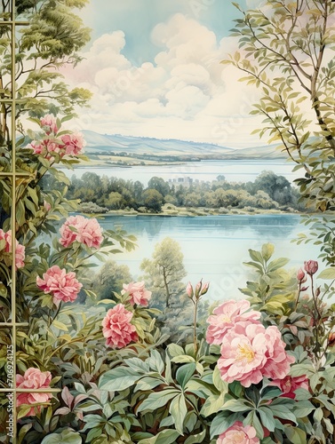 Vintage Floral Lakeside View: Classic Floral Wall Art Print
