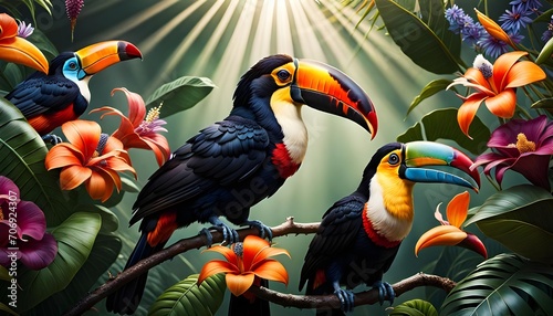 highly detailed photograph of realistic toucan birds in midst fantasy flowers, Generative AI © proofman