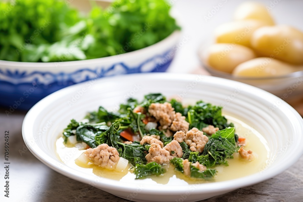 side shot of zuppa toscana, ingredients visible on side side shot of zuppa toscana, ingredients visible on side