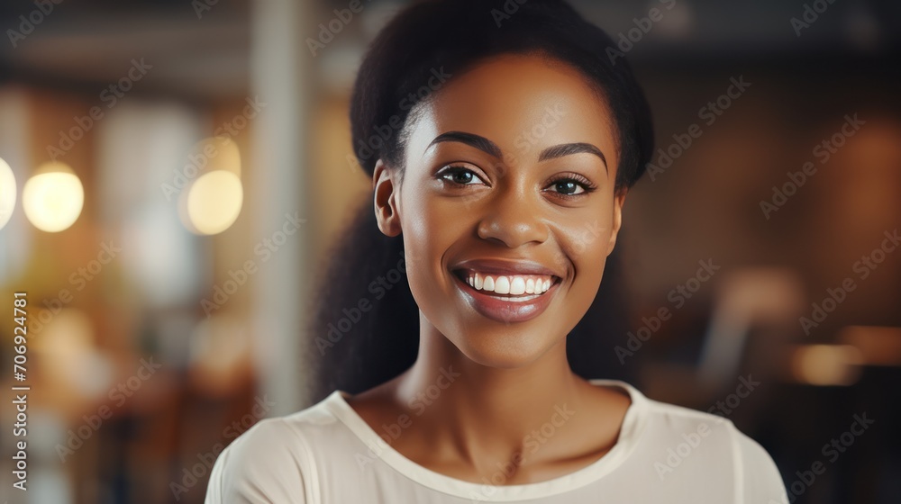 Attractive African American woman caresses her jaw and smiles broadly at the camera. Attractive African American woman caresses her jaw and smiles broadly at the camera.
