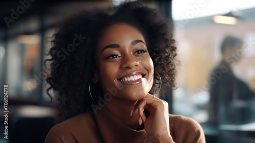Attractive African American woman caresses her jaw and smiles broadly at the camera. photo
