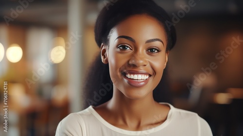 Attractive African American woman caresses her jaw and smiles broadly at the camera.