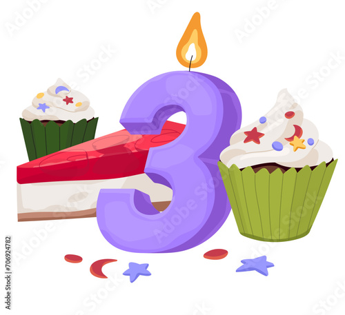 Birthday candle 3 years with party cake. Burn three age wax figure. Festive decor for Bday anniversary. Number form, sweet decorated cupcakes. Flat isolated vector illustration on white background