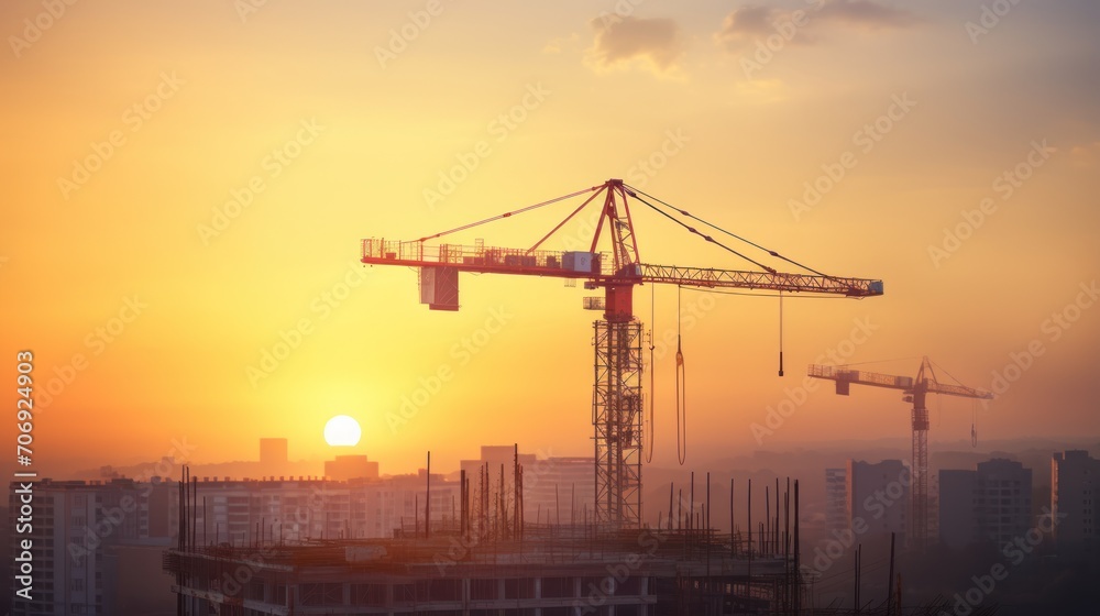 Construction site at sunrise, shot against soft sunlight. Crane working at construction site Crane at the construction site