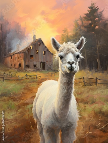 Funny Llama frolicking through a charming countryside setting
