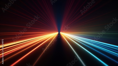 Multicolored light streaks form a flat line in a dark background photo
