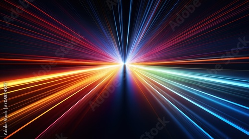 Multicolored light streaks form a flat line in a dark background photo