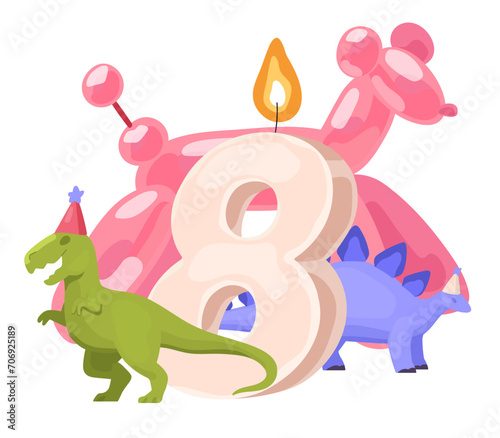 Birthday candle 9 years. Anniversary wax figure of age. Festive number  eight sign with candlelight. Cute dinosaurs with party hats  bday balloons animal. Flat isolated vector illustration on white