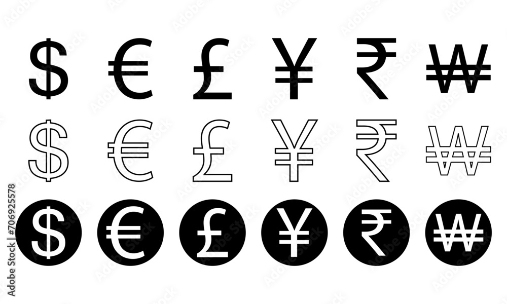 Set Of Dollar, Euro, Poundsterling, Yen And Rupee Currency, World Currency Icons Set Of Dollar, Euro, Poundsterling, Yen And Rupee Currency, World Currency Icons