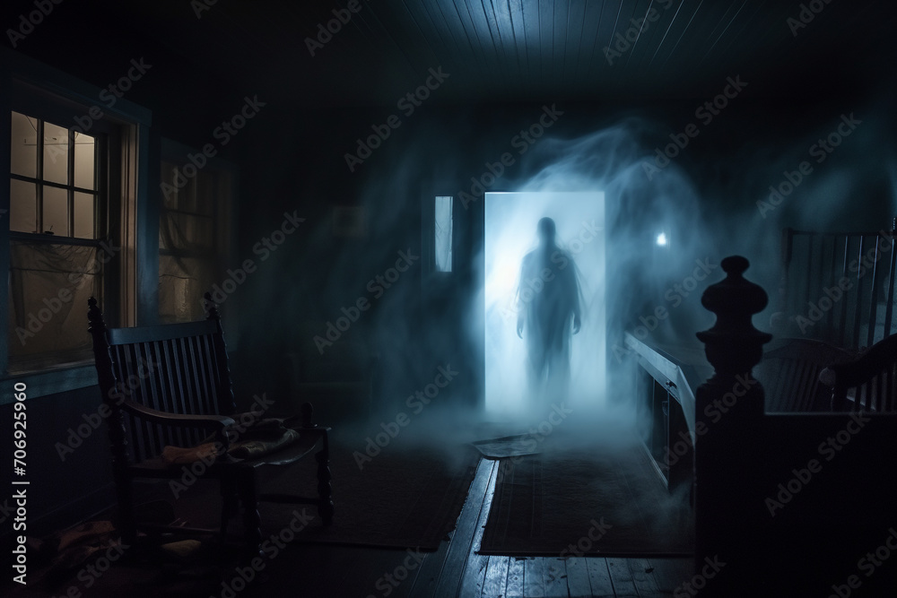 Culture and religion, states of mind, sci-fi and horror concept. Specter, reaper or ghost silhouette. Scary and terrifying apparition of paranormal ghost at night