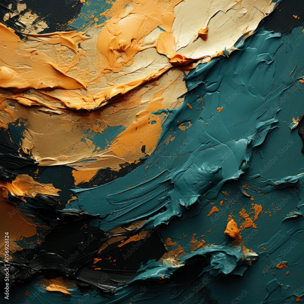 An abstract painting with a golden and green color scheme
