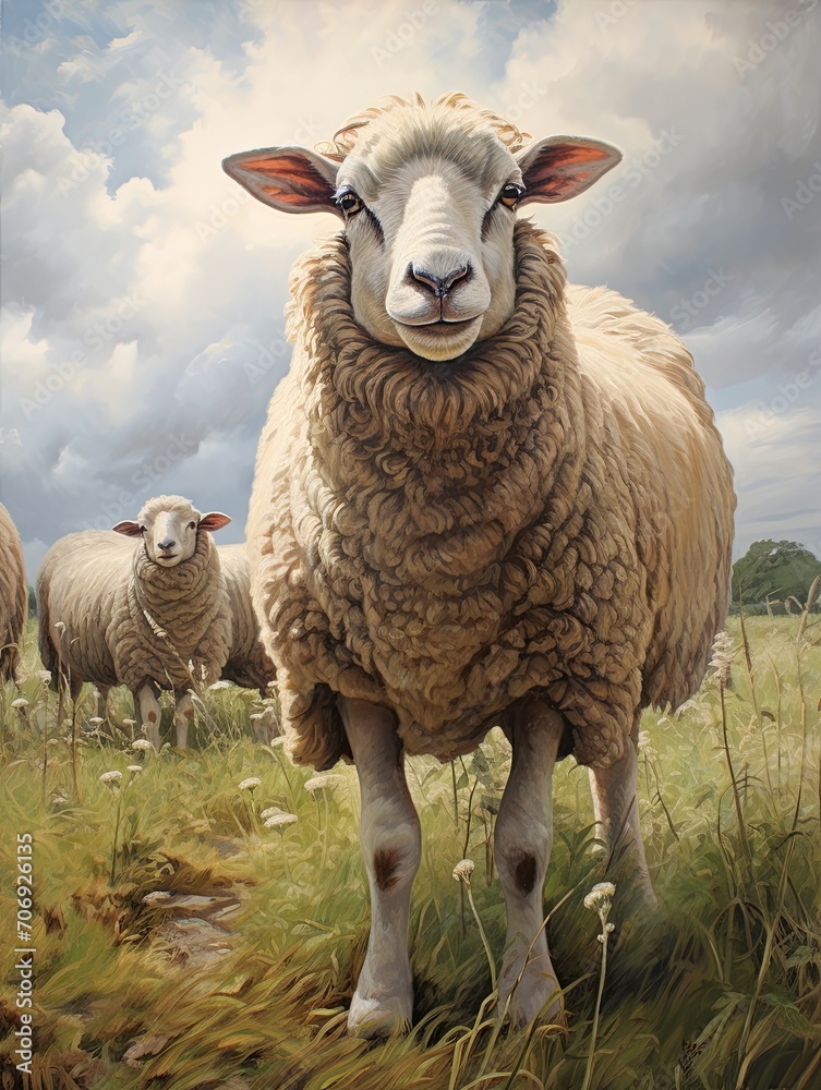Fototapeta premium Hampshire Sheep: Country Farm Animals Graze in Meat-Filled Pastures