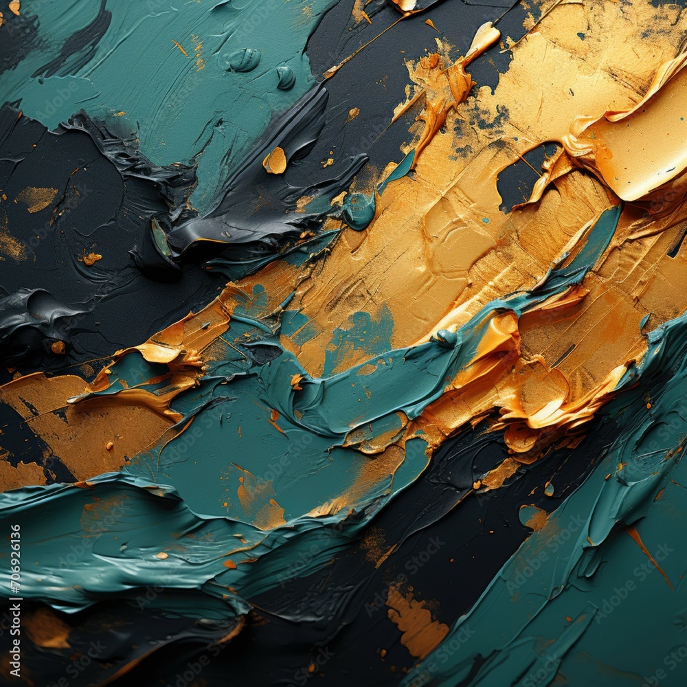 An abstract painting with a golden and green color scheme