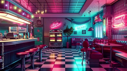 illustration of a retro diner scene, loop video background animation, cartoon anime style, for vtuber / streamer backdrop photo