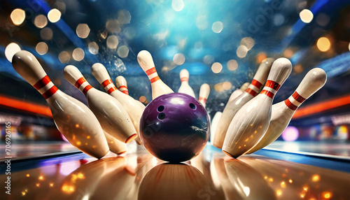 Close-up of a bowling ball hitting pins scoring a strike, bottom view and action shot. Ten pin bowling game concept. Generative Ai. photo