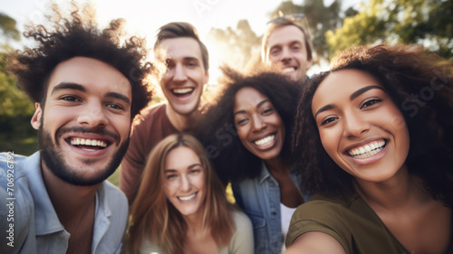 Multicultural group of friends taking selfie picture outside