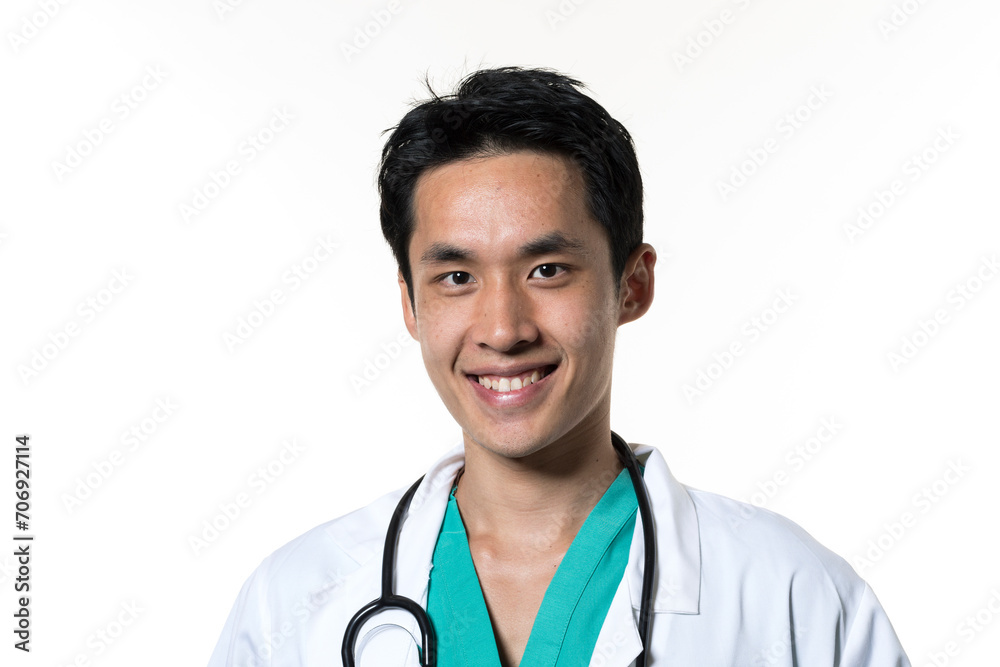 Chinese doctor wearing Green Scrubs & white coat. Chinese doctor wearing Green Scrubs & white coat.