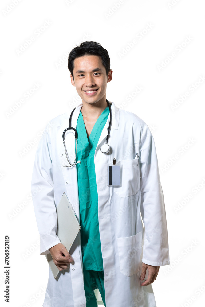 Chinese doctor wearing Green Scrubs & white coat. Chinese doctor wearing Green Scrubs & white coat.