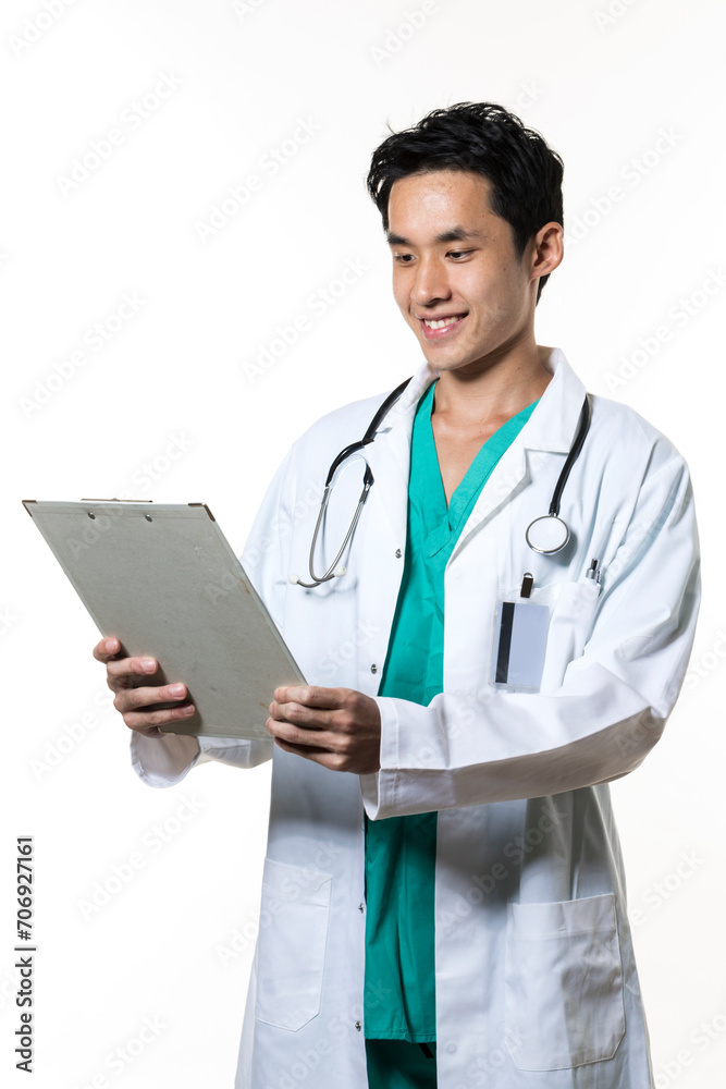 Chinese doctor wearing Green Scrubs & white coat. Chinese doctor wearing Green Scrubs & white coat.
