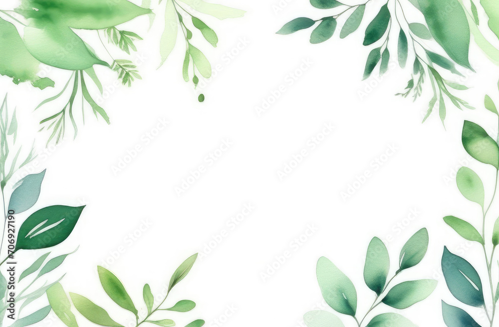 frame of green watercolor leaves on white background, copy space