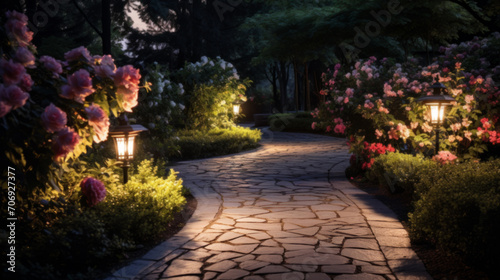 Solar-powered outdoor lighting illuminating a garden pathway, lush garden with flowers and plants. Solar-powered lighting. Integration of solar technology.