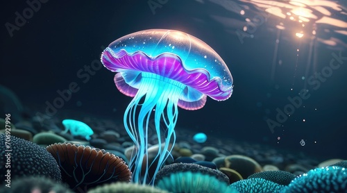 rare jellyfish shining in the sea. the beauty of the ocean. luminous jellyfish floating in the mysterious sea. Breathtaking underwater scene.