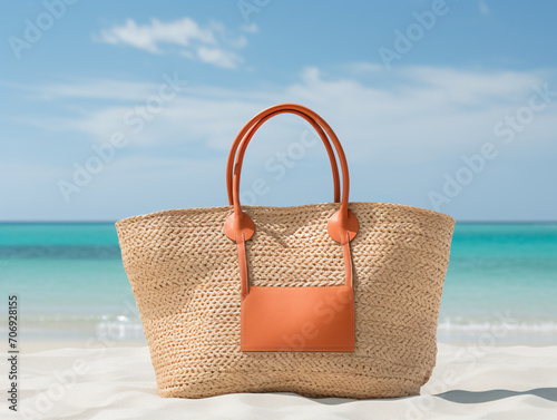 a straw bag on a beach