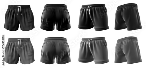 2 Set of black and dark grey gray, unisex running sports shorts boxer bottom, front, back and side view on transparent background cutout, PNG file. Mockup template for artwork graphic design. 