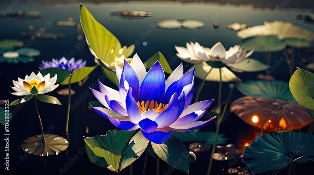 3D illustration of a blue lotus flower in a pond in the night. suitable for desktop wallpaper