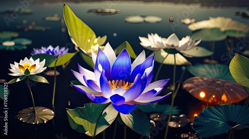 3D illustration of a blue lotus flower in a pond in the night. suitable for desktop wallpaper