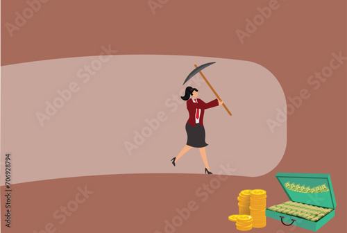 Treasure Chest, Digging, Deep, Treasure Chest, Businesswoman,