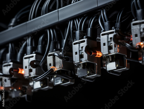 a group of wires with orange lights photo