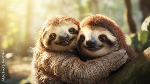 Cute smiling sloths hugging on a sunny day